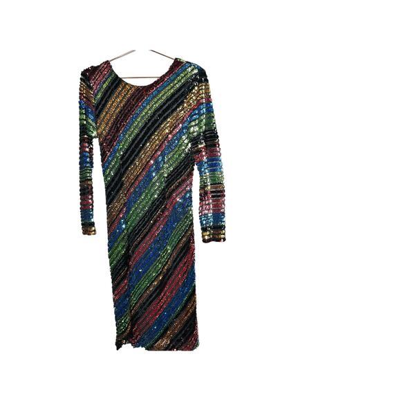 ALCOOLIQUE Peyton Tubolar Black Rainbow Stripe Sequin Mesh Backless Mini Dress10 - Picture 4 of 16
